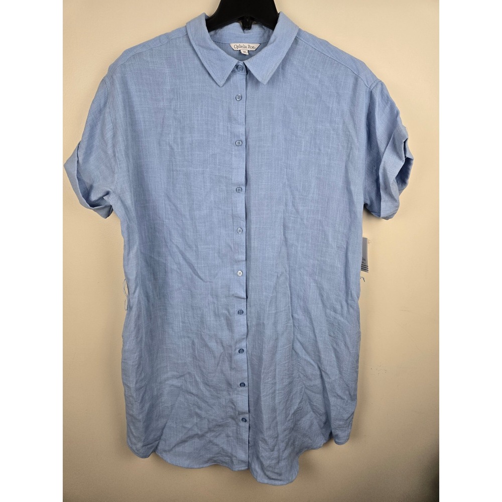 Ophelia Roe Light Blue Slub Button Front Shirt Dress Pockets Plus Size‎ 1X New